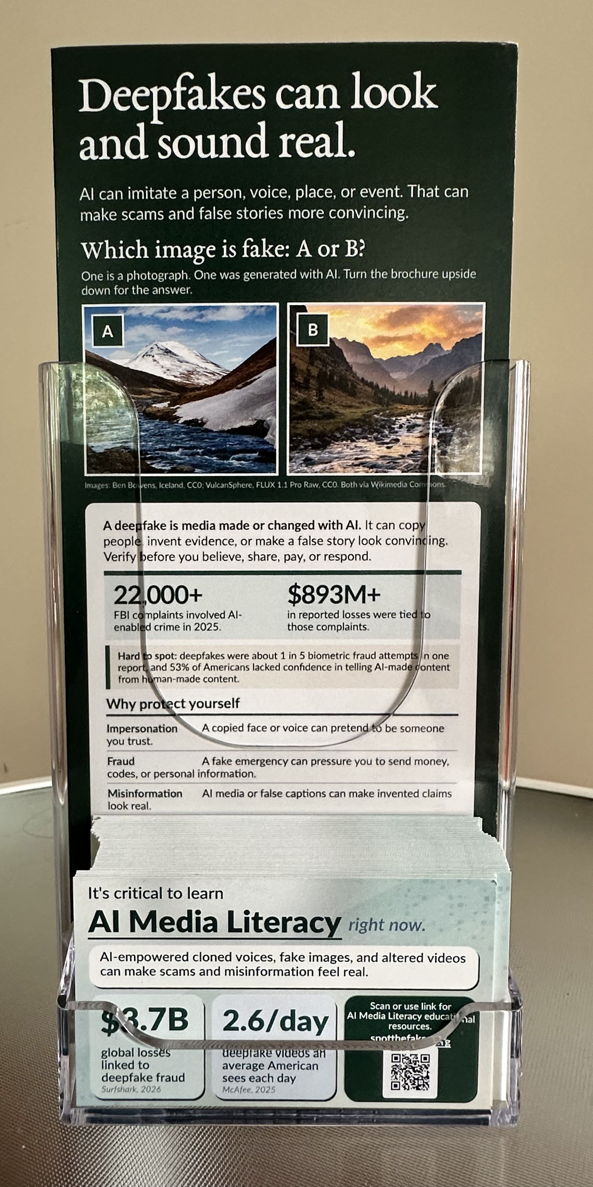 The printed brochures and informational cards in an acrylic tabletop holder