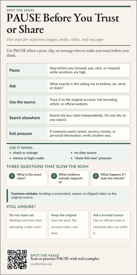 Front of the PAUSE Before You Trust or Share rack card